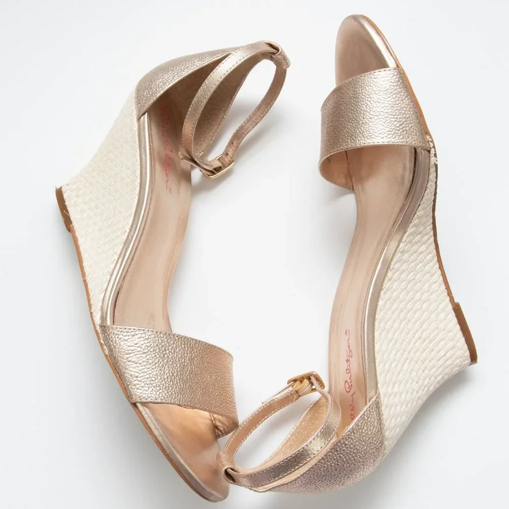 Lilly Pulitzer Bridgette Raffia Sandal Wedge Leather Ankle Strap Gold Size 9 - Picture 4 of 9